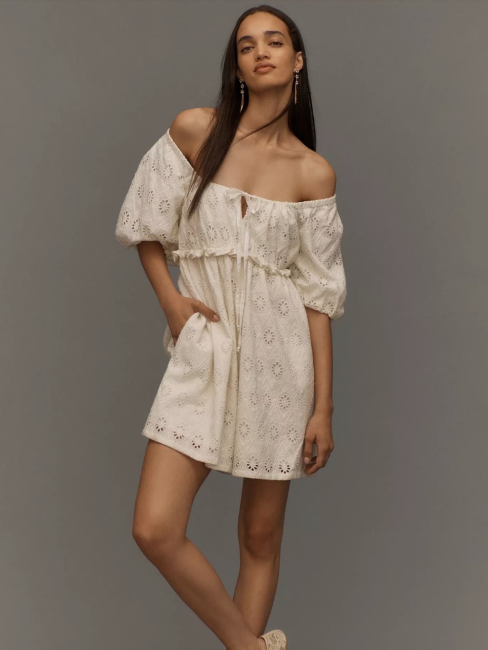 $158 NWT Anthropologie Pilcro Puff-Sleeve Eyelet Romper White 100% Cotton